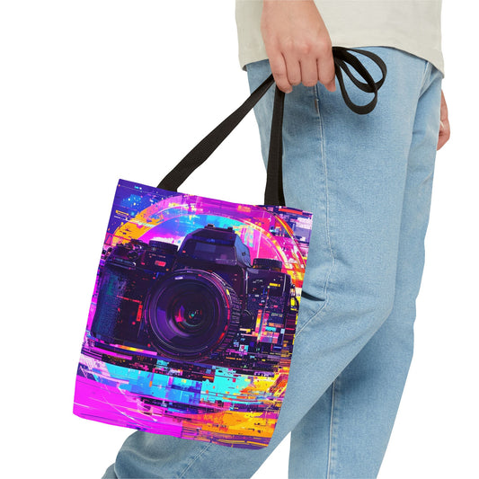 Neon Glitch Camera Design Tote Bag