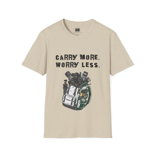 "Carry More. Worry Less." Backpack T-Shirt — Outdoor Adventure Graphic Tee