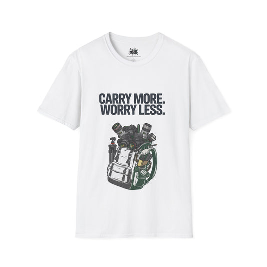 "Carry More. Worry Less." Backpack T-Shirt — Outdoor Adventure Graphic Tee