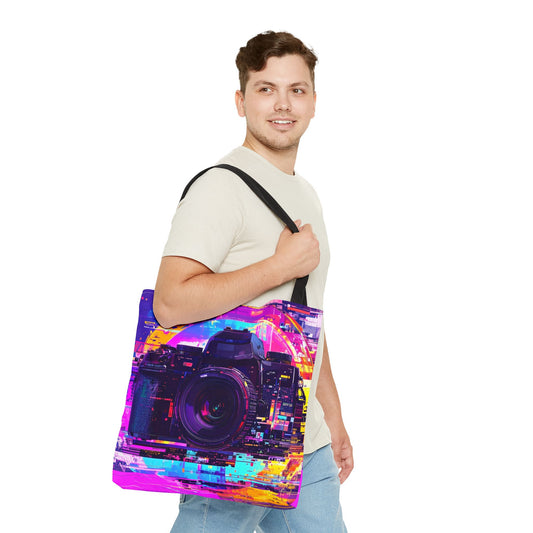 Neon Glitch Camera Design Tote Bag